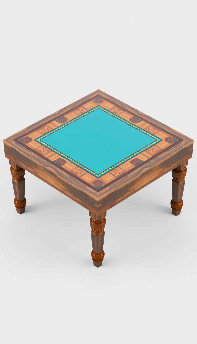 The image presents a 3D rendering of a table. The game table, made of wood, is the central focus of the image. It is a square table with legs, a wooden top which has a multicolor border and the middle part is aqua blue. - Image