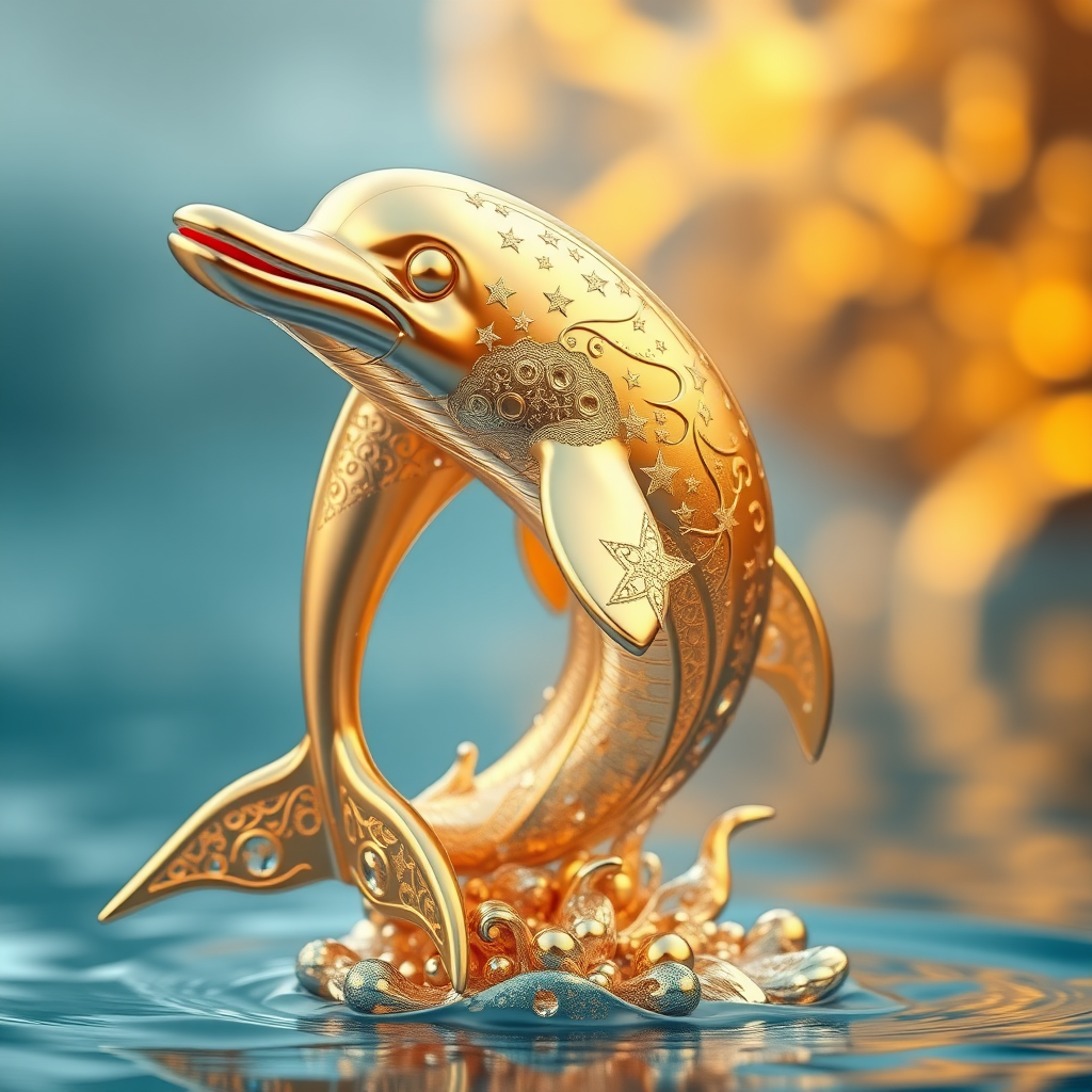 3D render realistic texturing of a sculpture of a dolphin crafted from a shiny, golden material and featuring intricate patterns that include stars and cut-outs, giving it a lace-like appearance. Perched on a sea, around, bokeh. - Image