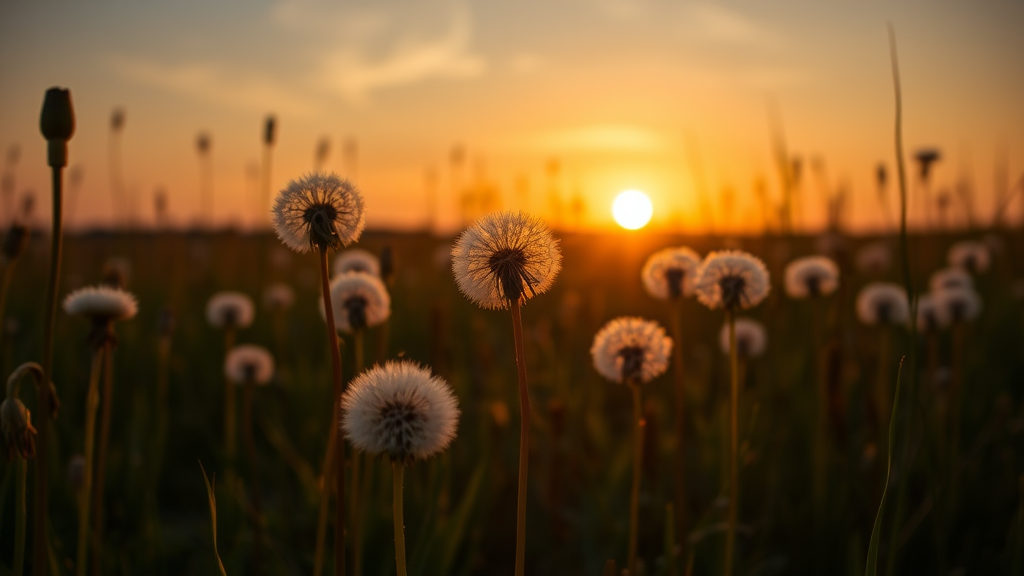 a field of dandelions in the sunset with the sun setting in the background, by Andrew Domachowski, art photography, dandelions, award winning nature photo, dandelion, the brilliant dawn on the meadow, weeds and grass, sunny meadow - Image