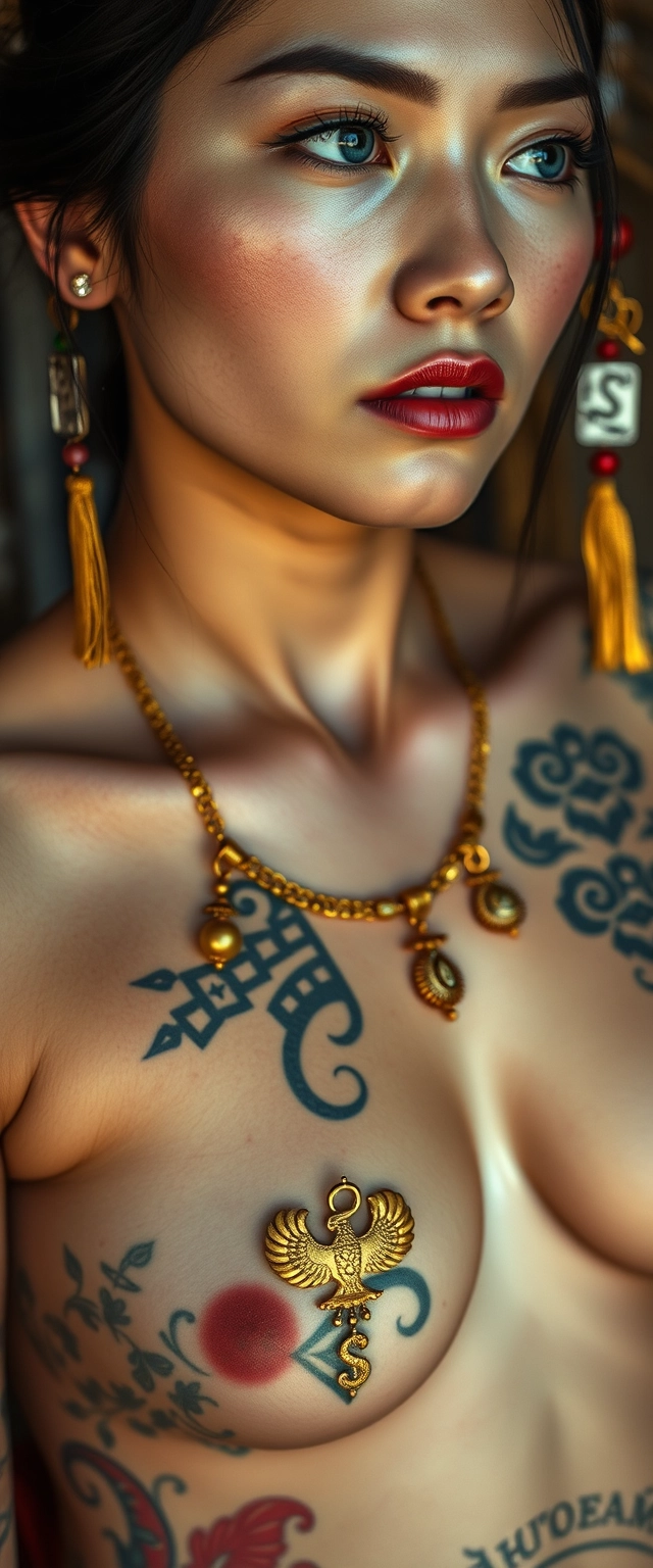 Close-up view of the tattooed chest of a Korean Indian woman with white skin, beautiful facial features, and blue eyes, wearing gold ornaments and looking sideways.