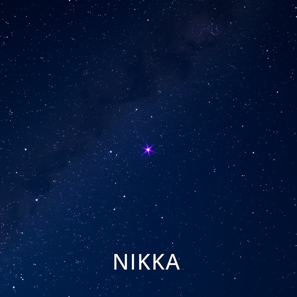 Stars in the night sky, the Milky Way, the purple land star visible from afar, "NIKKA" title text. - Image