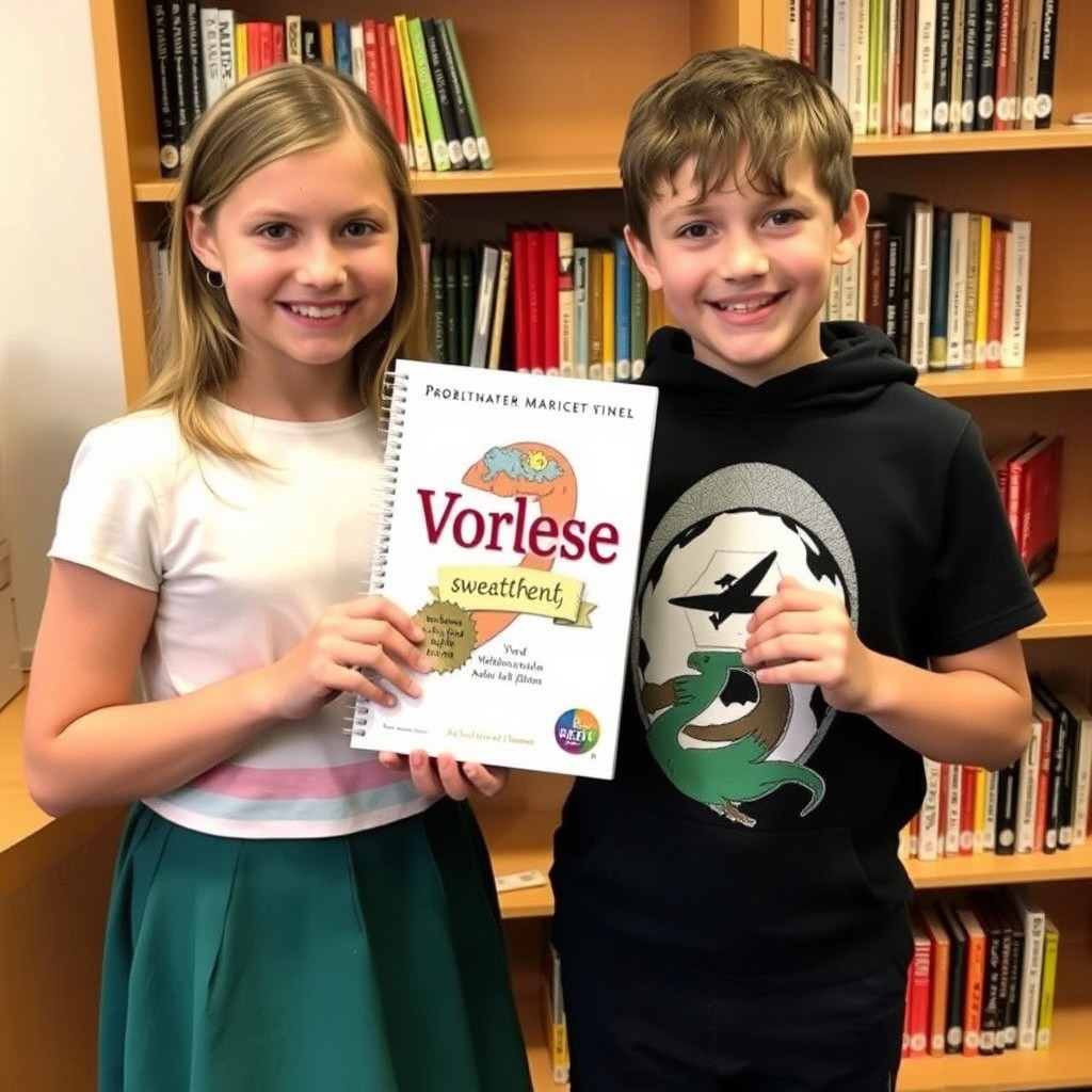 Create a photo showing a German girl and a boy from the 6th grade proudly presenting a book titled "Vorlesewettbewerb." In the background, there is a bookshelf visible. - Image