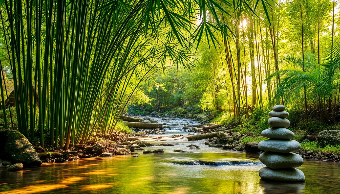 This photo depicts a peaceful natural scene with lush green bamboo trees, stacked pebbles, and a gently flowing stream. Sunlight filters through the leaves, creating a relaxing and serene atmosphere, much like a meditative painting.