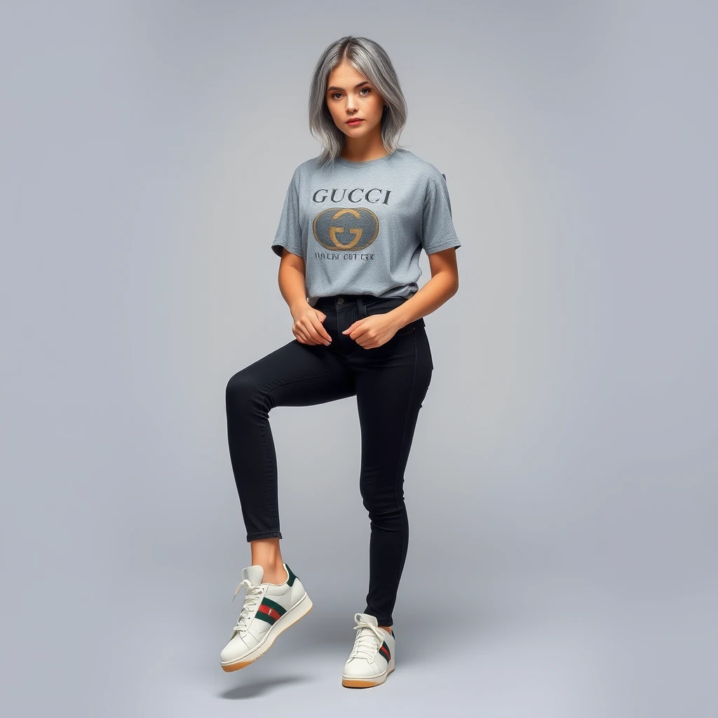 A young woman in a grey T-shirt, black jeans, and Gucci sneakers on her feet. Appearance: cool gray hair and blue eyes. Professional photo. Full length.