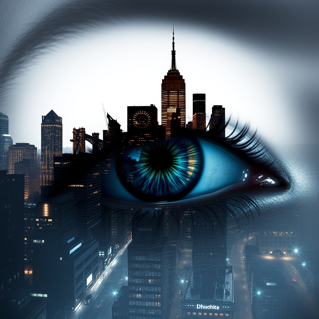 Stunning image of a woman's eye, fused with an abstract, vibrant city silhouette at night, with city lights sparkling on high-rise skyscrapers and bustling streets; iris dilated. The eye is surrounded by a strong white void that creates a striking contrast and adds depth and intensity to the overall picture, hyperrealistic, digital, structured, surreal, gloomy and mysterious.