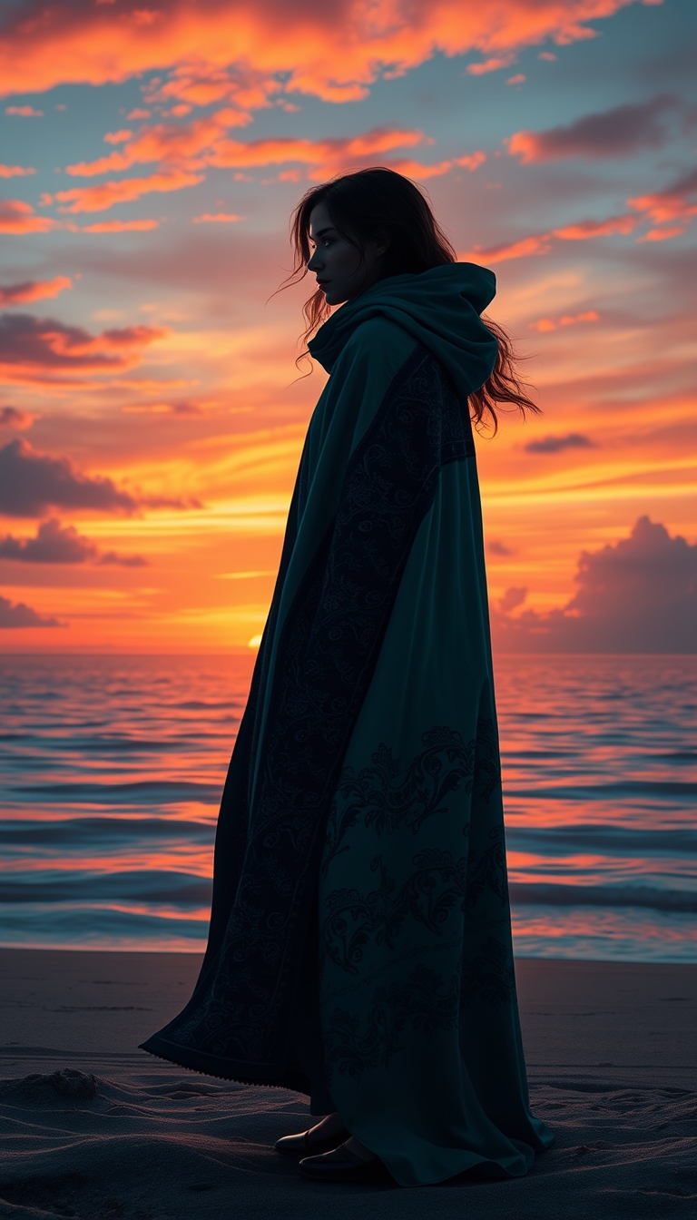 A highly detailed, photorealistic illustration of a young woman standing alone on a beach, silhouetted against a dramatic sunset sky. The woman is wearing a long, flowing teal and black cloak or cape that billows around her in the wind. Her face is obscured, with only the outline of her profile visible. The sunset colors in the background are vibrant, with shades of orange, pink, and purple reflecting off the calm ocean waters. The overall composition has a sense of mystery and contemplation, with the woman appearing to gaze out towards the horizon. The details of the cloak's intricate patterning and textures are rendered with exceptional realism, creating a captivating and immersive scene. The lighting and atmospheric effects add depth and a sense of atmosphere to the image. - Image