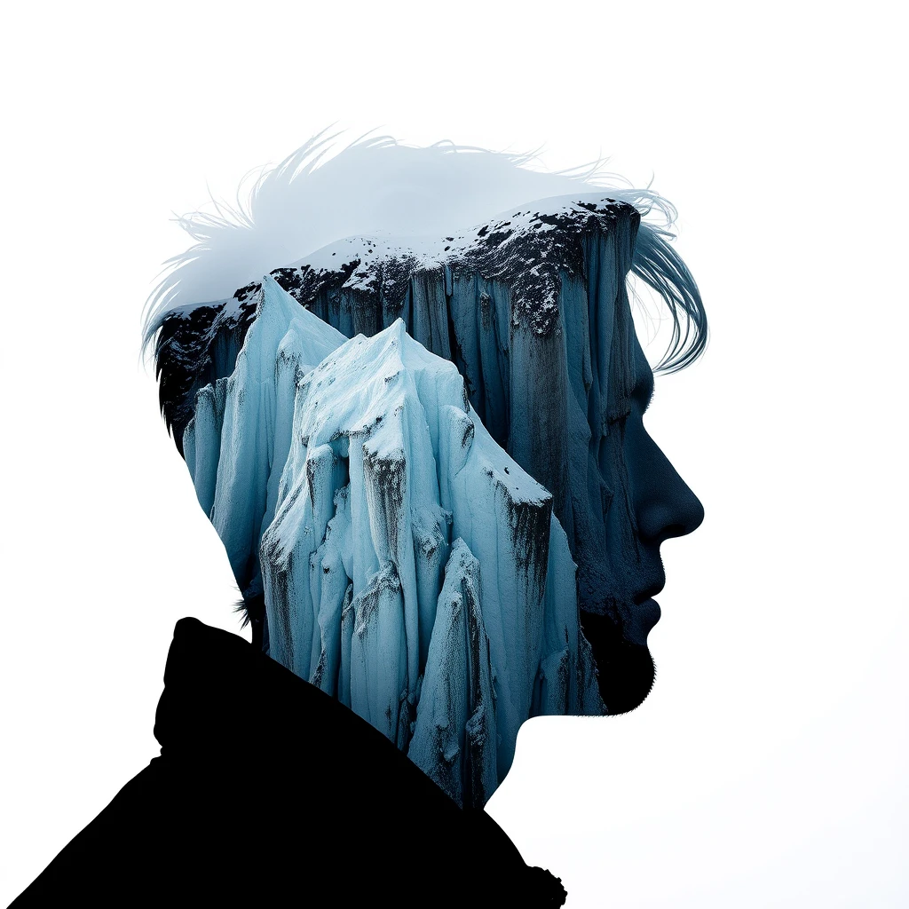 "[Abstract style covering ice and snow cliffs] within the silhouette of a [man]'s head, this is a double exposure photo. Non-representational, colors and shapes, emotional expression, imaginative, very detailed."