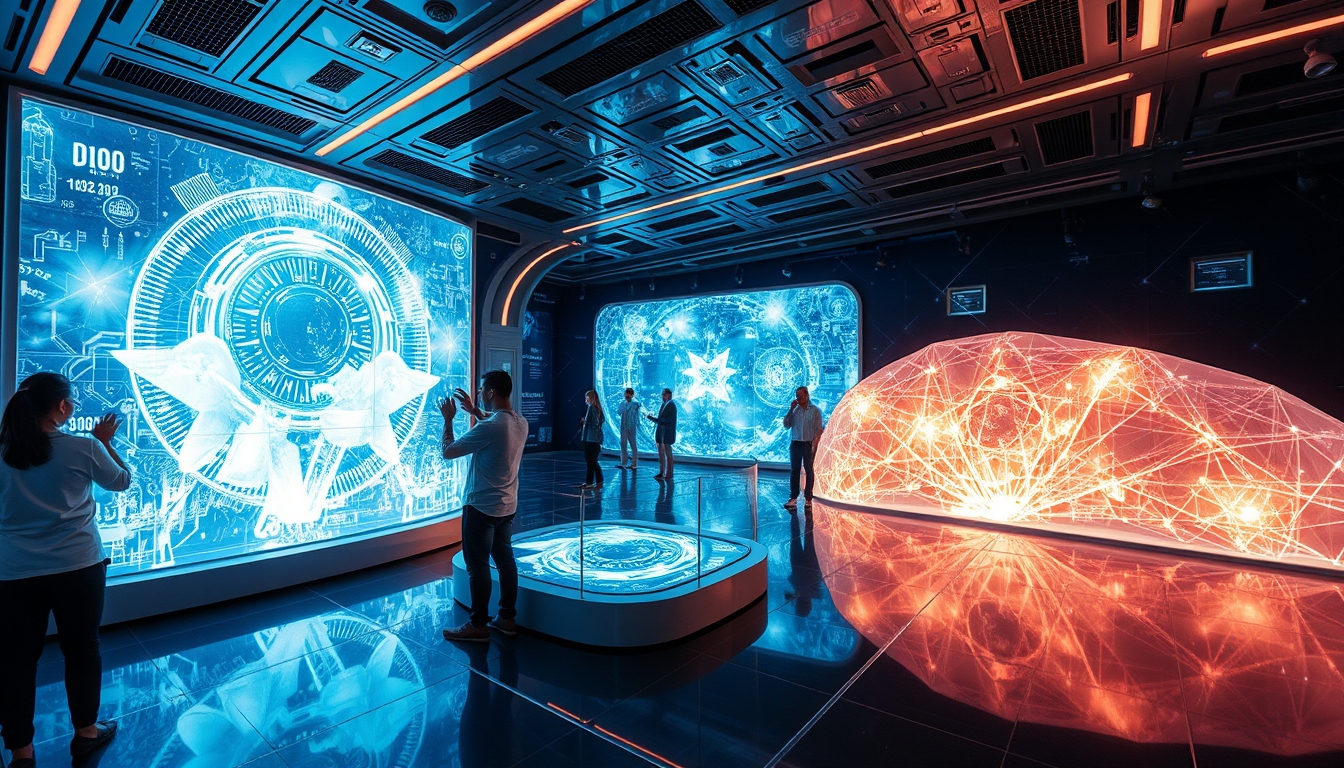 A futuristic room filled with interactive digital art, with holographic displays and immersive light installations.