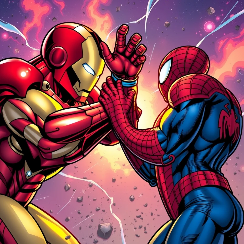 Iron Man arm wrestling Spider-Man. The backdrop of the multiverse.