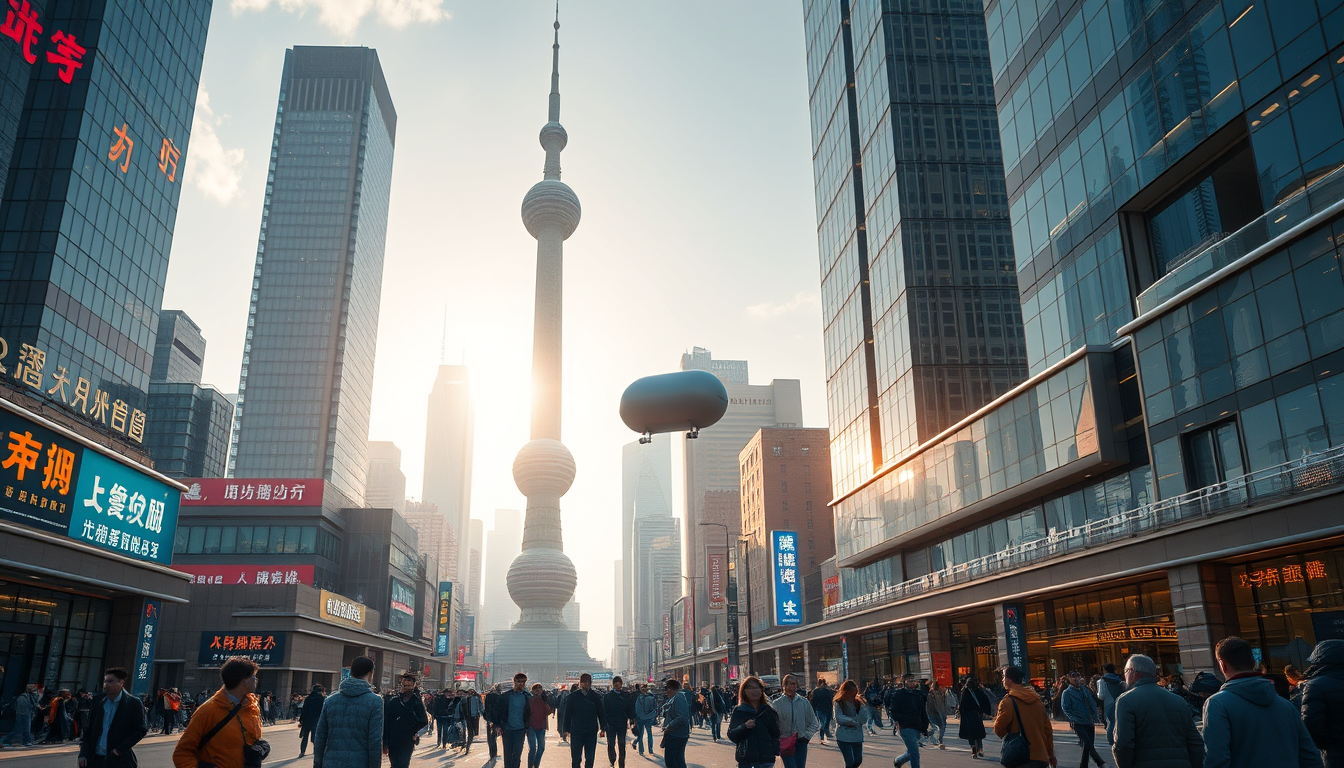 Create a stunning high-resolution image of a futuristic Shanghai city. The skyline should be filled with towering skyscrapers adorned with neon lights and holographic adverts, with a handful of hidden Chinese characters. Include a light-colored elliptical balloon-type robot hurtling through the air, with tiny black balancers on either side of the balloon; no ropes should appear. The streets should be bustling with people dressed in fashion-forward styles. Highlight the small balloon-type robot, performing its rounds in the sky, and the beautiful sunlight reflecting on the glass surfaces of the buildings, creating an atmosphere of excitement and innovation. Very clear and realistic details, best quality! - Image