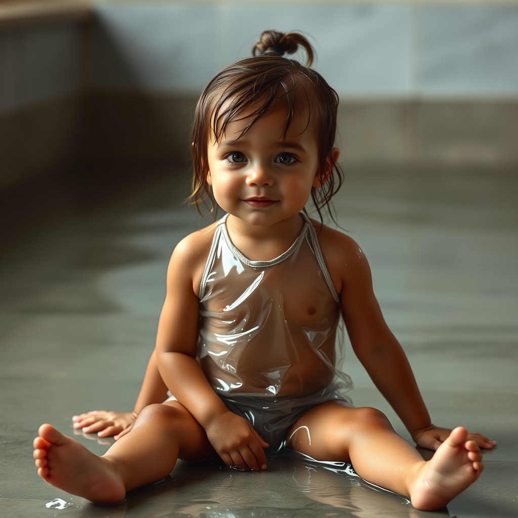 cute little girl with wet oily skin in a clear plastic swimsuit sitting with her legs spread - Image