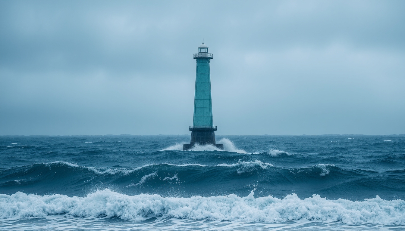 A dramatic stormy sea with a glass lighthouse standing tall against the waves.