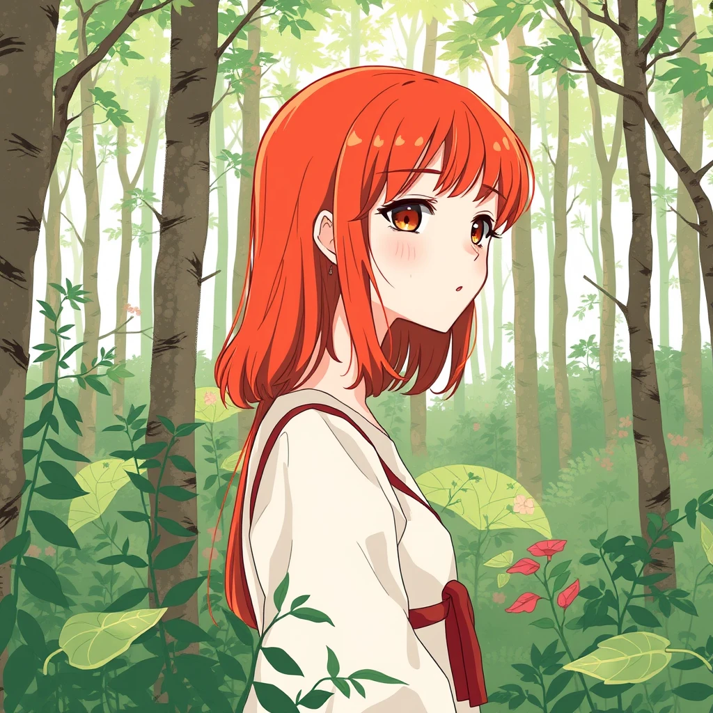 Red-haired girl in the forest in the style of Conrad Roset, Honkai Star Rail, Yoneyama Mai.