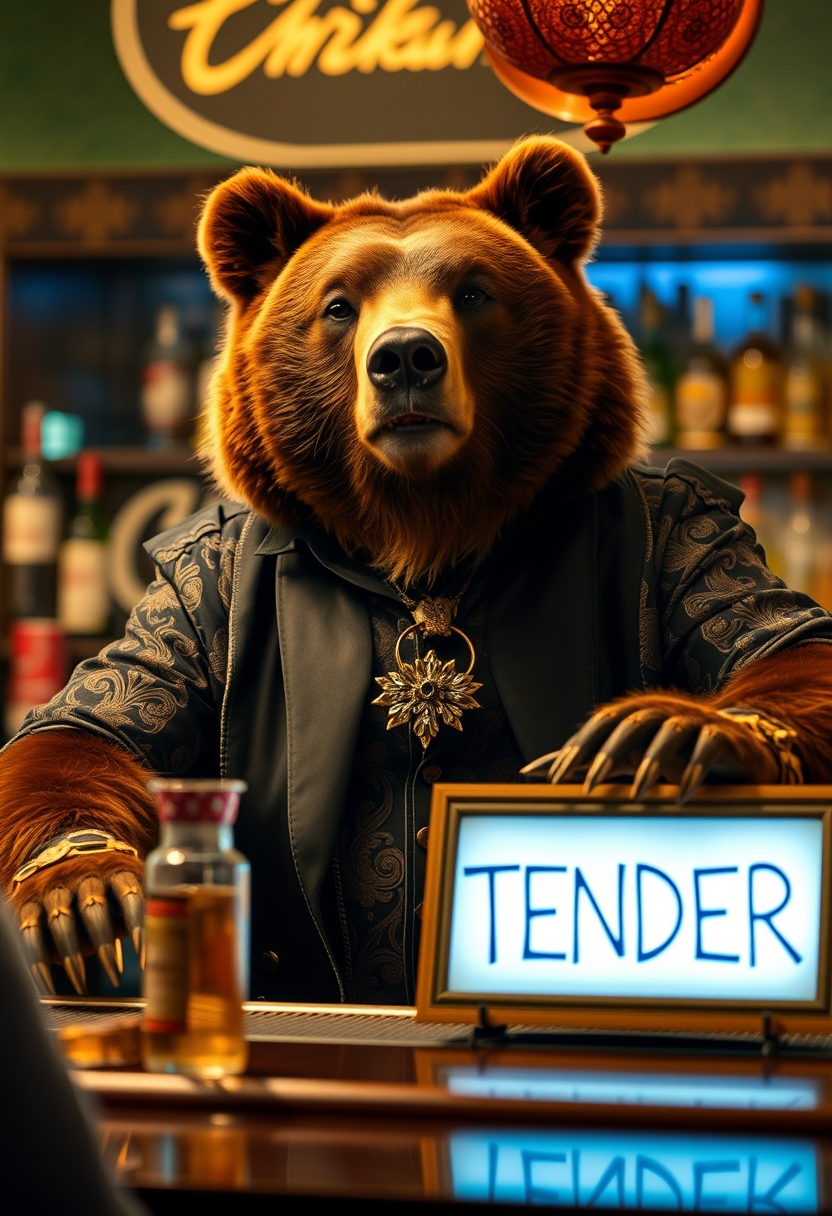 A movie still shows a bear in a fancy shirt bartending, with a sign reading "BEARTENDER" on the bar. - Image