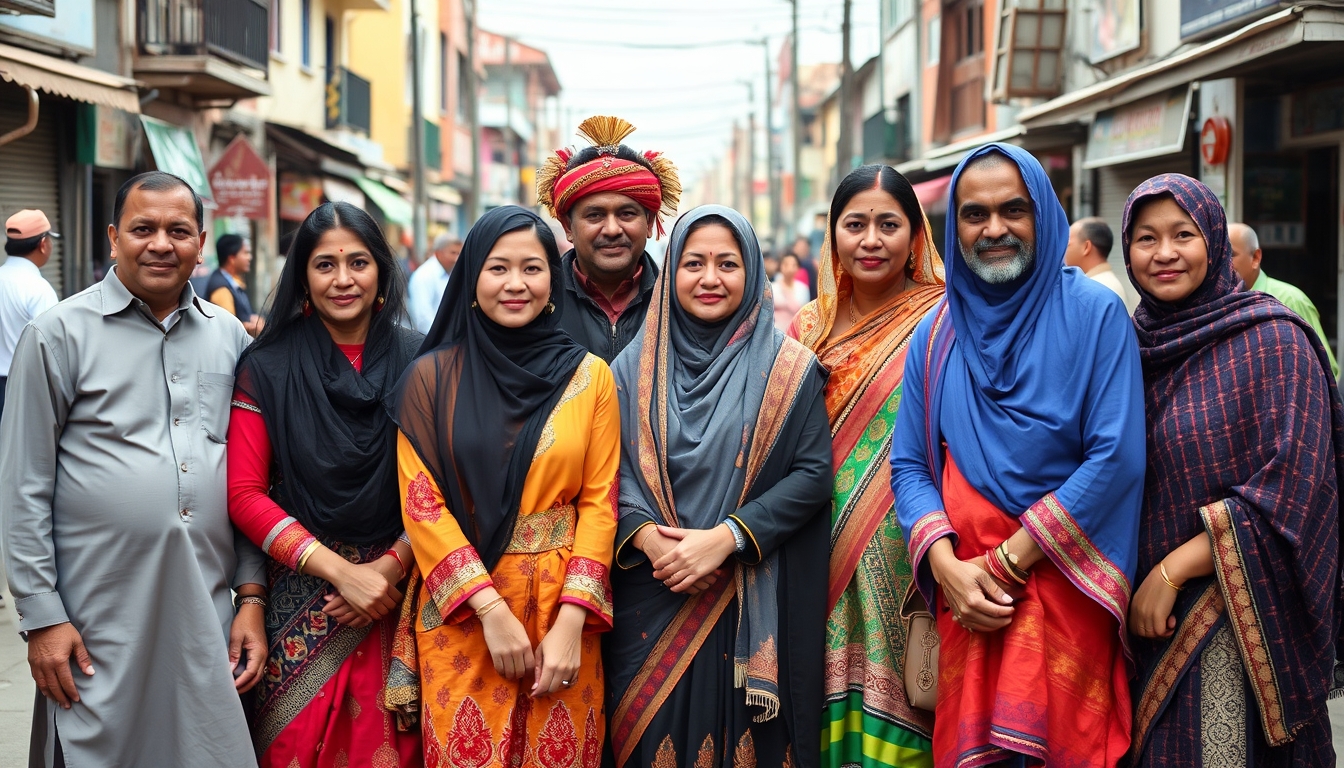 A group portrait of diverse individuals in traditional clothing, standing together in a vibrant, multicultural urban setting. - Image