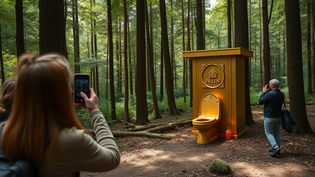 In the forest, there is a gold toilet, and several people are taking pictures of it.