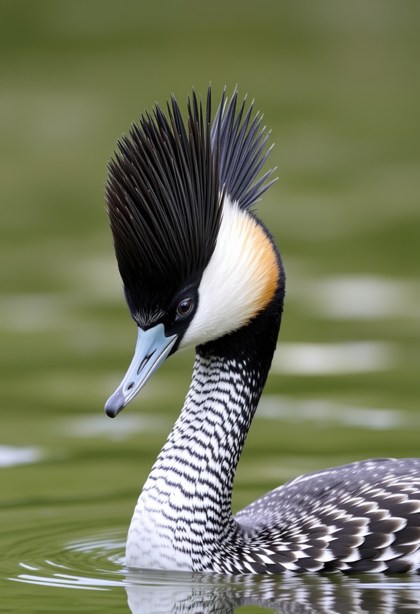 A great crested grebe (Podiceps cristatus). Its crest of feathers is completely black but is not ruffled so that its crest feathers stick out backwards slightly.