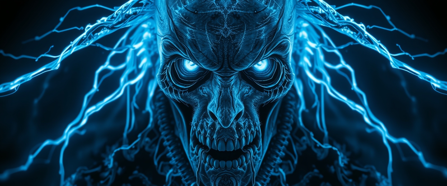 A symmetric portrait of an evil frozen necromancer, face dissolving into thin, luminescent blue lines of frozen magic, hyper-realistic with digital abstraction, intricate details. Shadows elongate, emphasizing depth, despair, and ancient power.