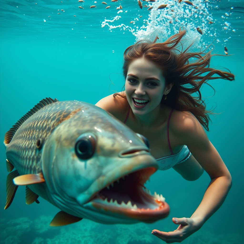 A beautiful woman is diving deep into the sea, but she is trying to escape from a large fish in fear.