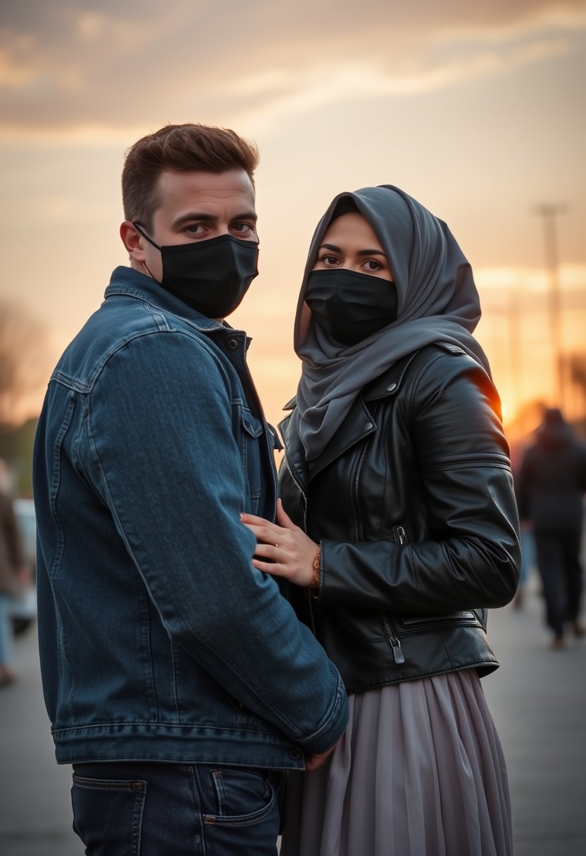 Jamie Dornan's head and body shot, handsome, black face mask, denim jacket, jeans, dating, loving couple, with the biggest grey hijab Muslim girl, black face mask, beautiful eyes, black leather jacket, biggest skirt, taking a picture, Canon DSLR camera, sunset, hyper-realistic, street photography.