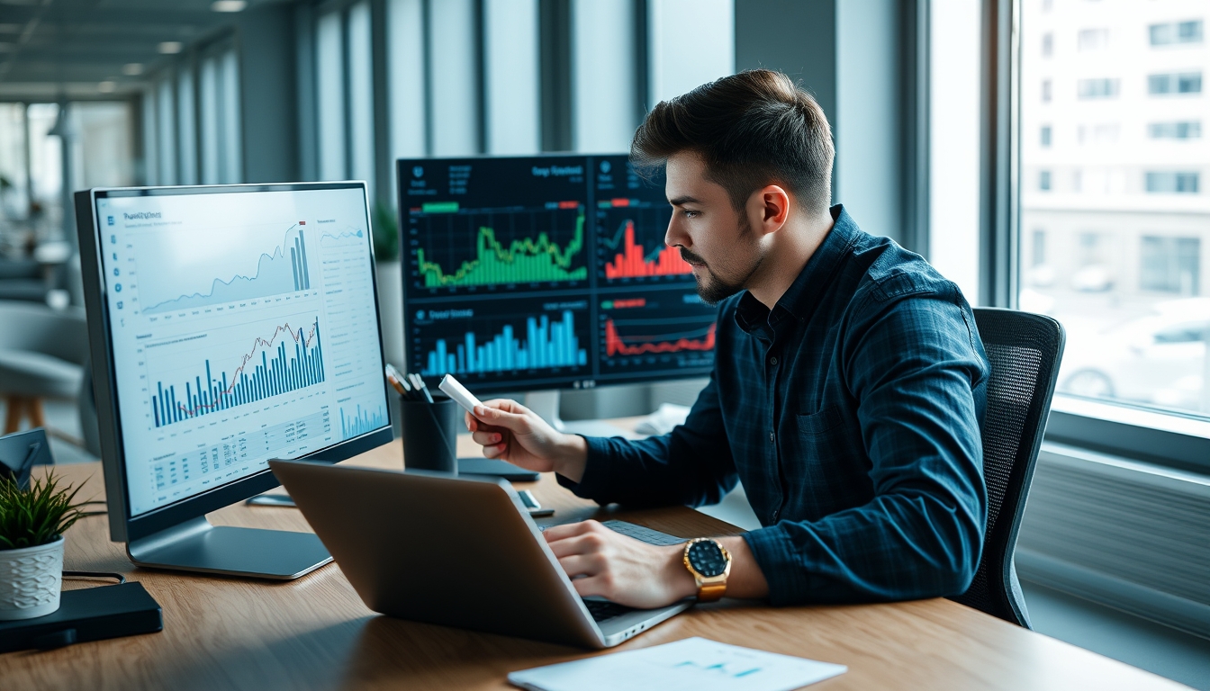 Male professional analyzing financial charts and spreadsheets on computer and laptop at office desk - data analysis, business strategy, and financial planning in modern workplace setting.