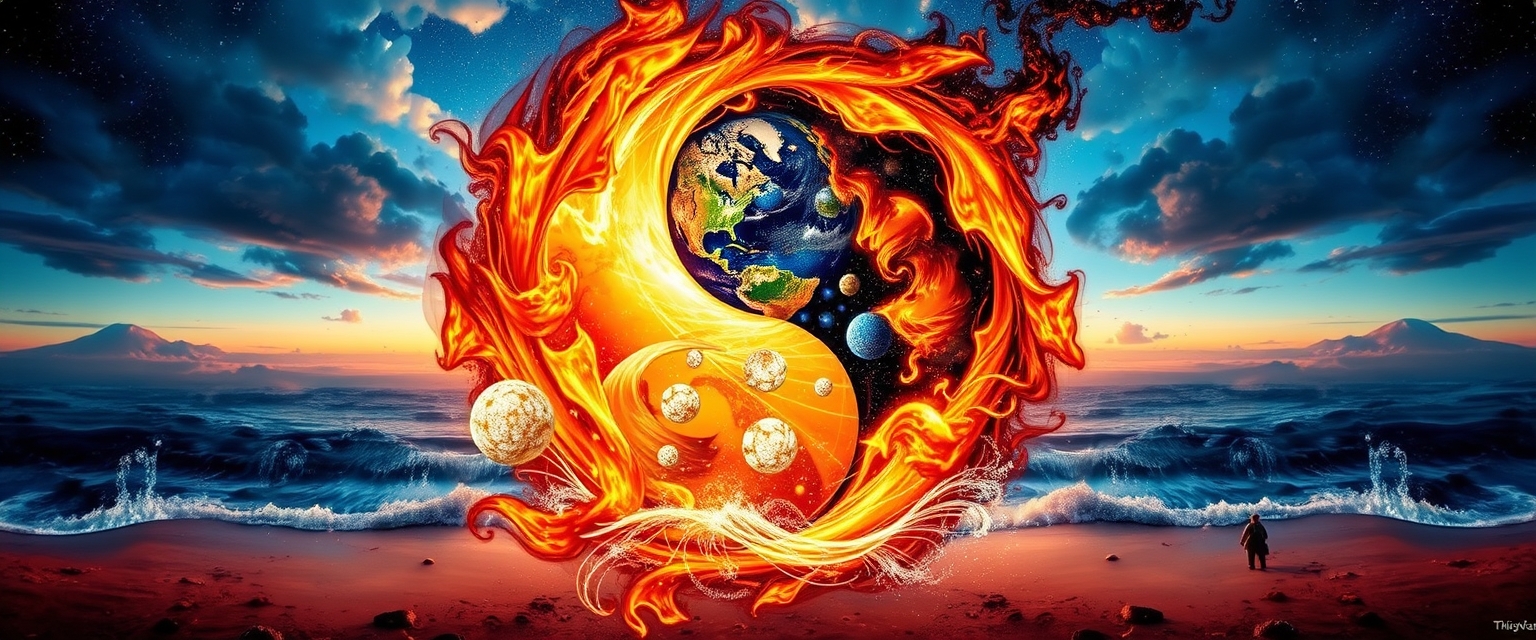 Wallpaper art, yin and yang symbol, filled with scenes and examples of the 4 elements: earth, water, fire, air, vivid colors, positive emotions. - Image