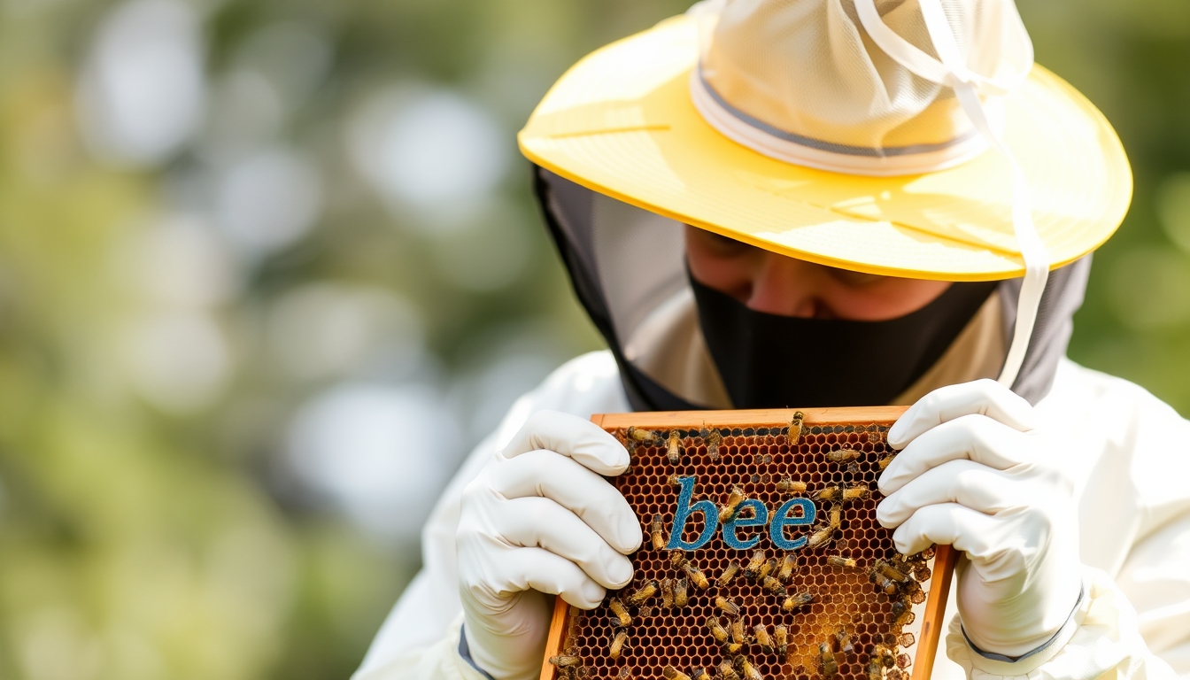 A beekeeper in a protective suit holding a honeycomb. A beekeeper in a yellow hat holds a honeycomb with the word "bee" on it.