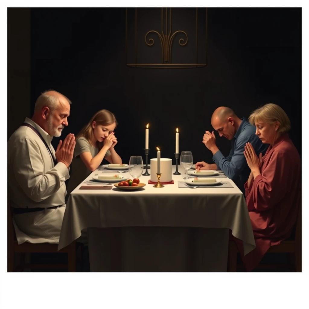 A family sitting together around a dining table praying, photorealistic, 1:1 ratio, serene, dark background, plenty of whitespace around the subject, no deformed arms, no extra arm.