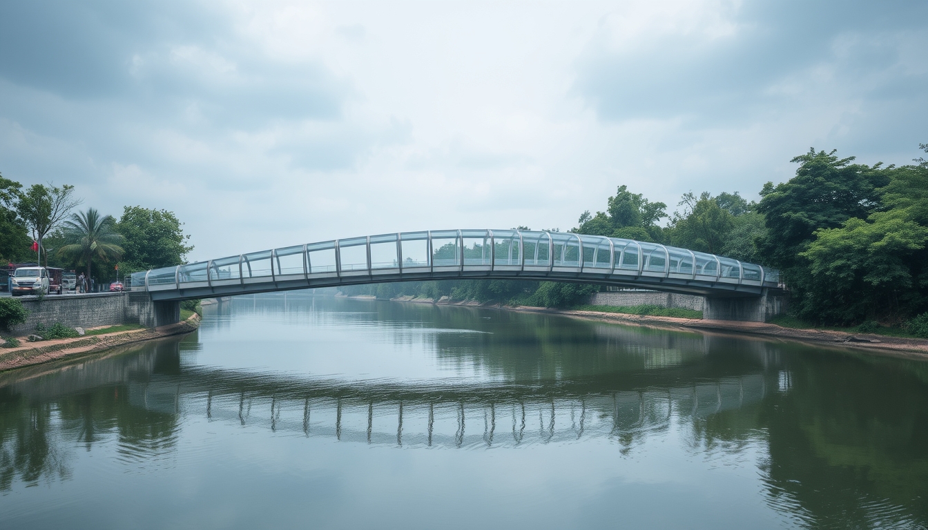 A serene river scene with a glass-bottomed bridge crossing over it.