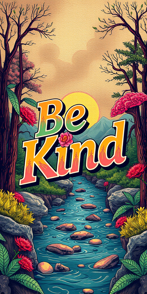 Positive and Vibrant illustration featuring a bold, 70's style graphic and spiritual themes, set against a backdrop of nature-inspired textures, trees, river, with the phrase "Be Kind" emblazoned in 3D, intricate, swirling patterns, with a predominantly pastel colors, moody color palette punctuated by flashes of neon orange, pinks, green, electric blues, and sunshine yellows, evoking a sense of peace, spiritual awakening, and empowerment.