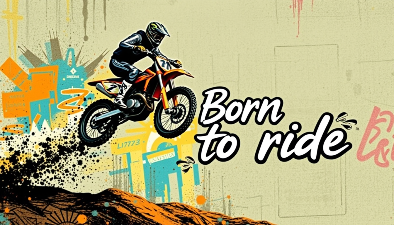 Professional art on the theme of motocross in the style of street graffiti, the image of a motorcycle racer jumping on a motorcycle in full gear is skillfully combined with the text "Born to ride" in the background.