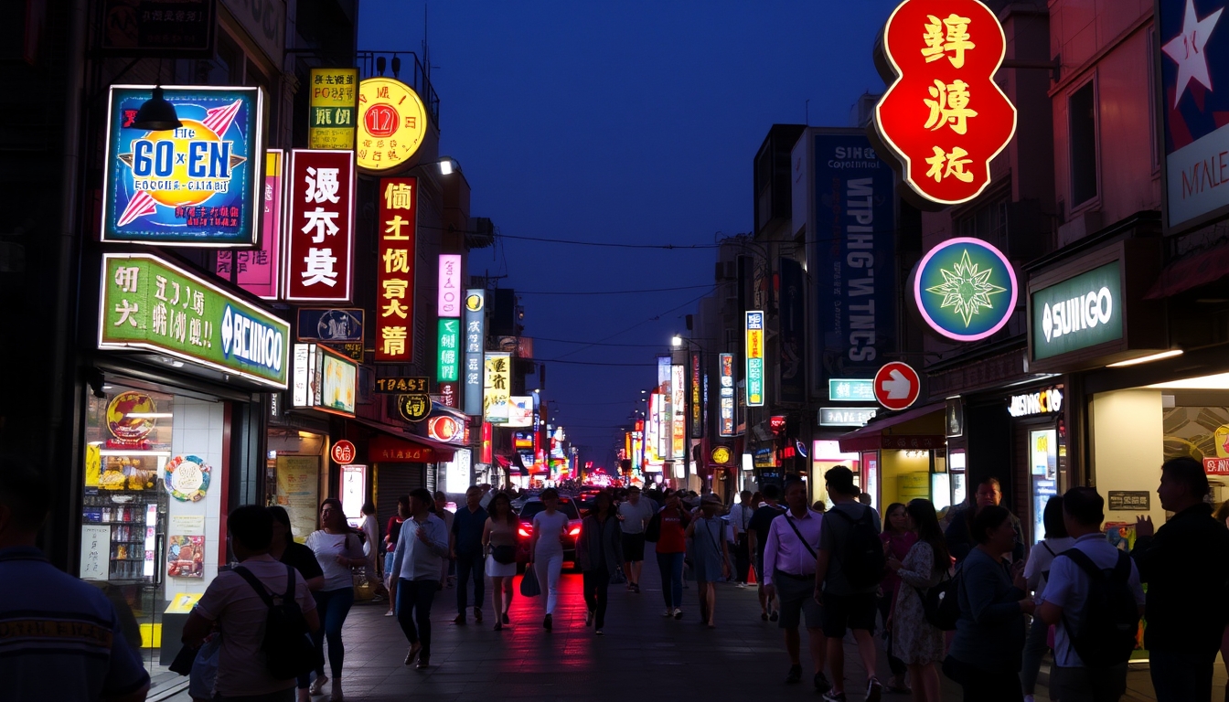 A vibrant street scene at night, with neon signs, bustling crowds, and the glow of city lights reflecting on wet pavement.