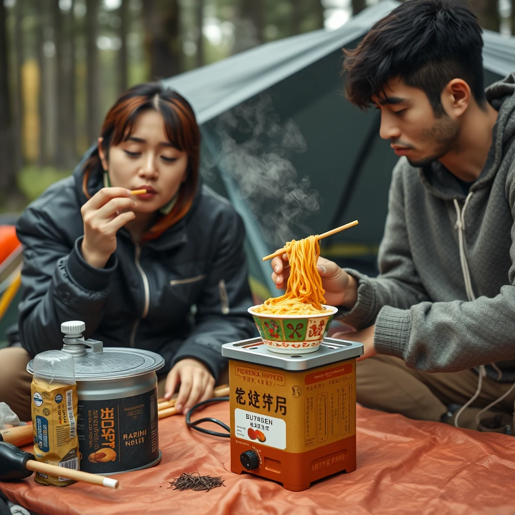 Caucasian couple camping, cooking Korean instant noodles, square portable butane stove, folding table, tent background, eating with chopsticks, blowing on noodles to cool, steam rising, outdoor scene, campsite, realistic style, photorealistic, high detail, natural lighting, candid moment, intimate atmosphere, comfort food, cultural fusion, camping gear visible, forest or nature setting.