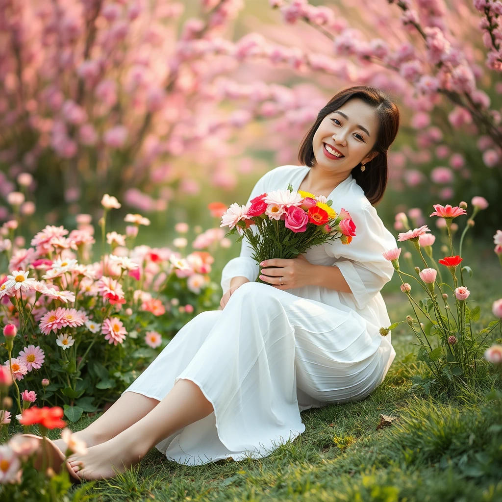 30-year-old long-legged middle-aged Chinese woman, wearing a loose white dress with a huge chest and a huge butt. She sat down among the flowers with a bunch of fresh flowers in her hands and a happy smile on her face. The setting is warm and romantic with blooming flowers and green grass.