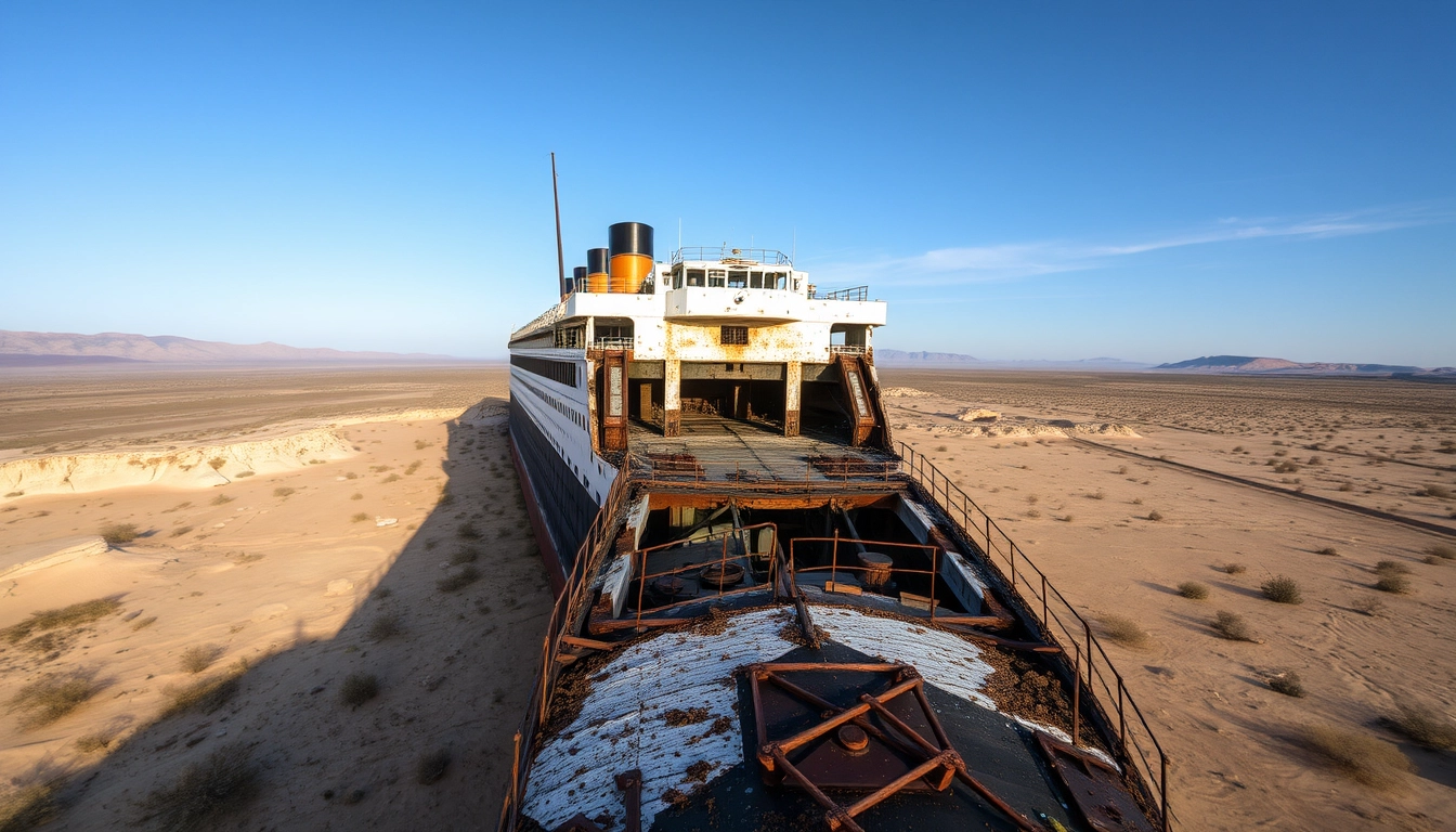 From a high vantage point looking straight down, the Titanic, split in two, leans in the desert, having been abandoned for over a hundred years, rusted and decayed.