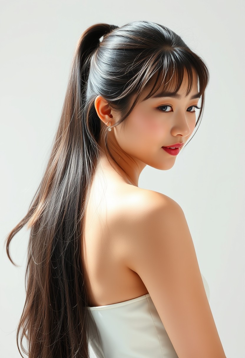 Create a real photo in a realistic photo style, depicting a 27-year-old Asian woman with her hair tied into a ponytail, her beautiful body, and indoor lighting, creating an atmosphere of maturity and confidence. Make sure to capture her unique and alluring qualities in a way that accentuates her long hair. Wearing a simple dress, light makeup, pure white background, full body photo.