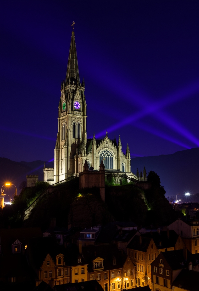 Gothic city, focus on a eerie cathedral that is on top of a mountain, belltower, bright night, purple lights in the sky.