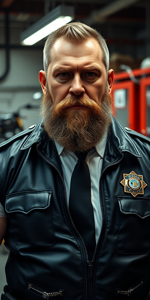 A high-resolution portrait of a huge muscular, bearded 60-year-old male police officer in a dimly lit garage. He wears a tight black leather jacket with police insignia, over a white shirt and black tie. His serious expression contrasts with blurred red metal cabinets and a motorcycle in the background, enhancing the industrial atmosphere. - Image