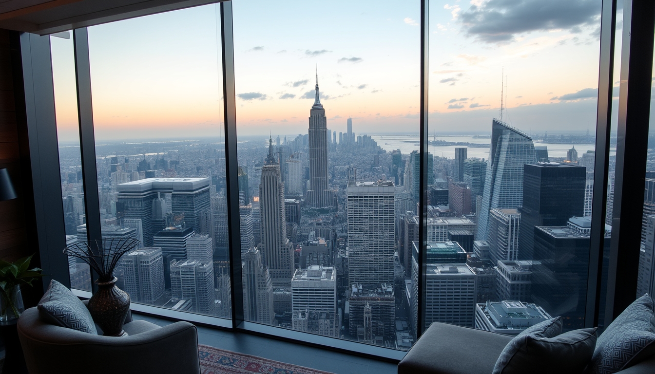 A luxurious glass-walled penthouse apartment overlooking a bustling city. - Image