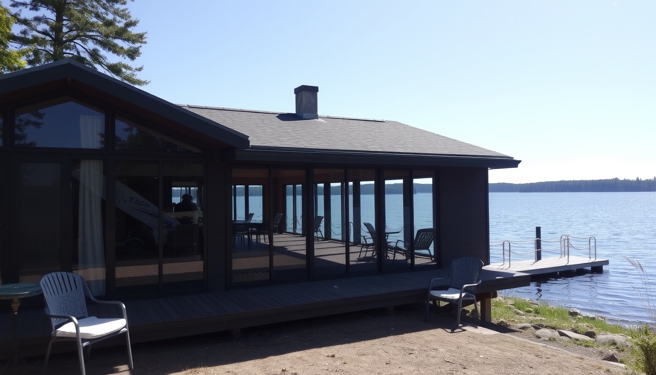 A serene lakeside cabin with a glass front, offering an unobstructed view of the water. - Image