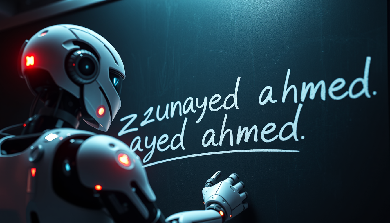 A futuristic robot writing on a blackboard with a signature style saying "zunayed ahmed" from a dynamic view, cinematic lighting, HD, Next-Gen, Vibrant.