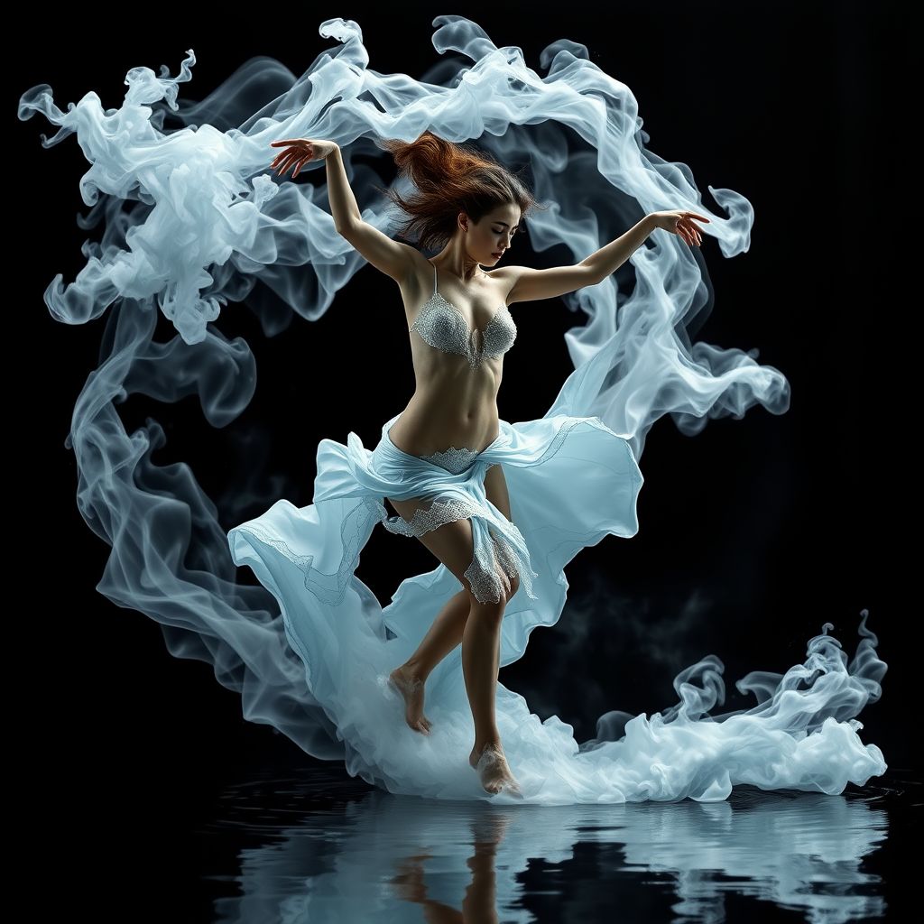 Photographic realistic 16k, ultra detailed, sketch of a female naturist dancer in a white smoke spiral in black reflective waters, light blue lace satin silky flowing smoke, wild windy water tourbillion, Alberto Seveso, splash art, ink cloud, dynamic dancing pose, dramatic lighting, CGSociety, intricate, epic, ArtStation, cinematic, photo with Canon EOS 5D Mark IV, cinematic, realistic, black background, photo fusion, SFX photo. - Image