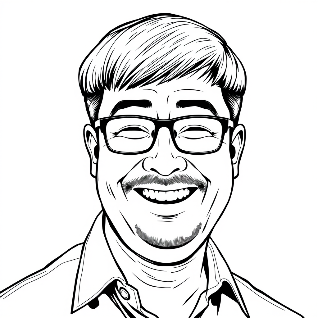 A cool black and white line drawing of a 35-year-old man, with short flat hair, an Asian appearance, black thin-framed glasses, slightly short beard on the chin, wearing a shirt, a full face, clean and fresh skin, slightly overweight, and laughing heartily.