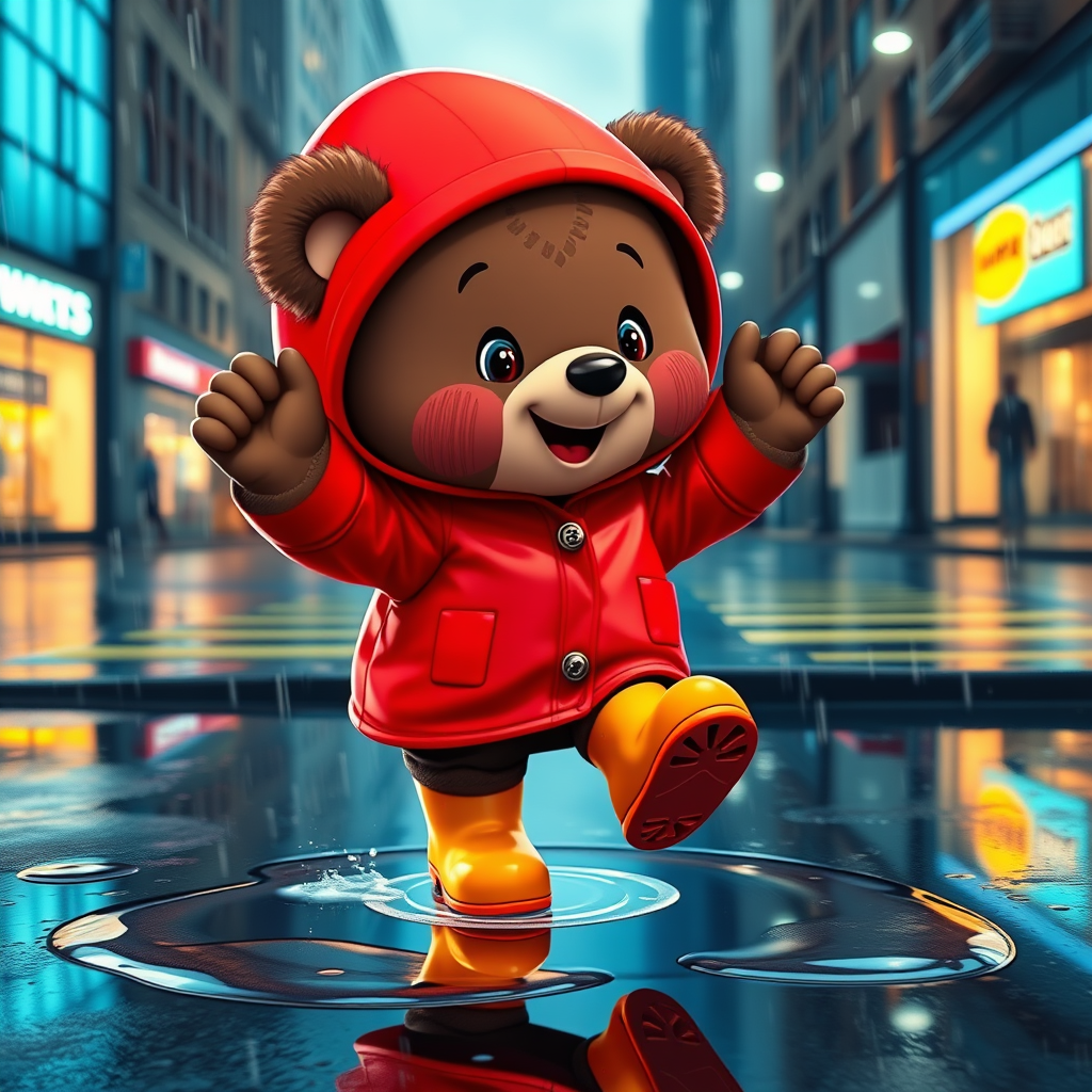 Cute cartoon bear cub, dressed in a bright red neon oversized raincoat with a hood and bright rubber boots, jumping in the rain on the puddles on the city street. The picture conveys carefree childhood. Cartoon style 3D.