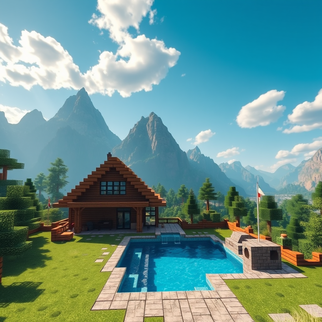 minecraft wallpaper, mountains, wood home, swim pool in backyard