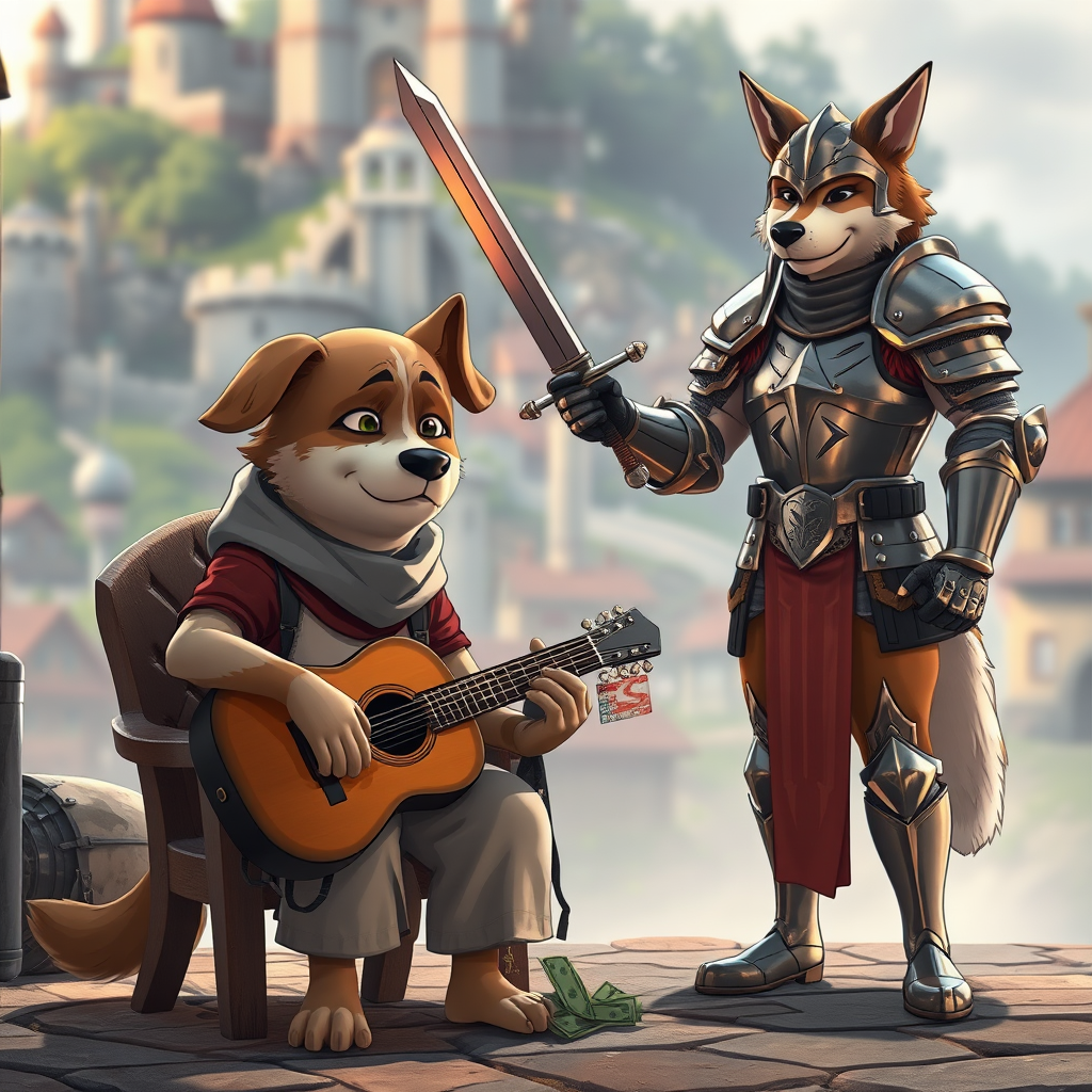 A heartwrenching 3D anime scene featuring a dejected dog in tattered clothes, seated on a chair outside. It holds a guitar and has a small bundle of money in front of it. Behind the dog, a medieval town serves as the backdrop. In the foreground, a second dog stands tall, dressed in luxurious and cool knight's armor. This well-built and handsome dog wields a powerful sword. In a dramatic turn of events, the second dog slaps the first dog, causing the first dog to break into tears. This emotionally charged scene is rendered in stunning 3D animation., 3d render, anime - Image