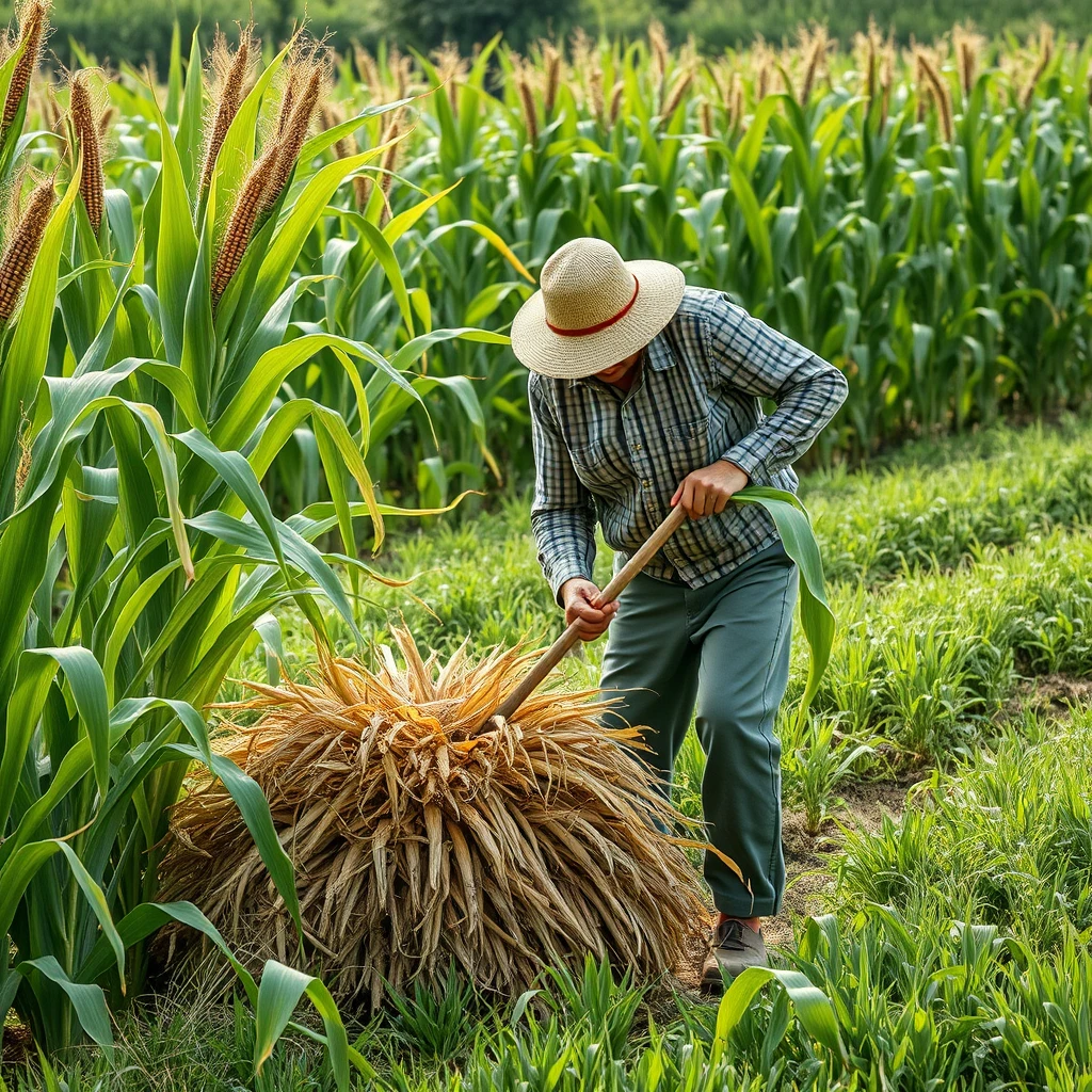 realistic image of farmers cutting corn, pleasant green tones - Image