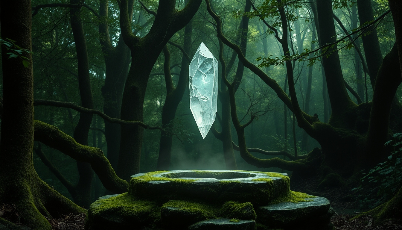 A shimmering crystal floating above an ancient, moss-covered stone altar in a dense, enchanted forest.