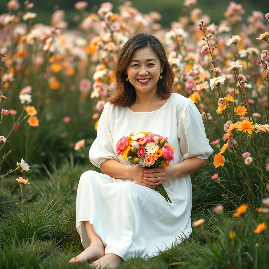 A 30-year-old long-legged middle-aged Chinese woman, wearing a loose white dress with a large bust and a large backside. She sat down among the flowers, holding a bunch of fresh flowers in her hands and a happy smile on her face. The setting is warm and romantic with blooming flowers and green grass.