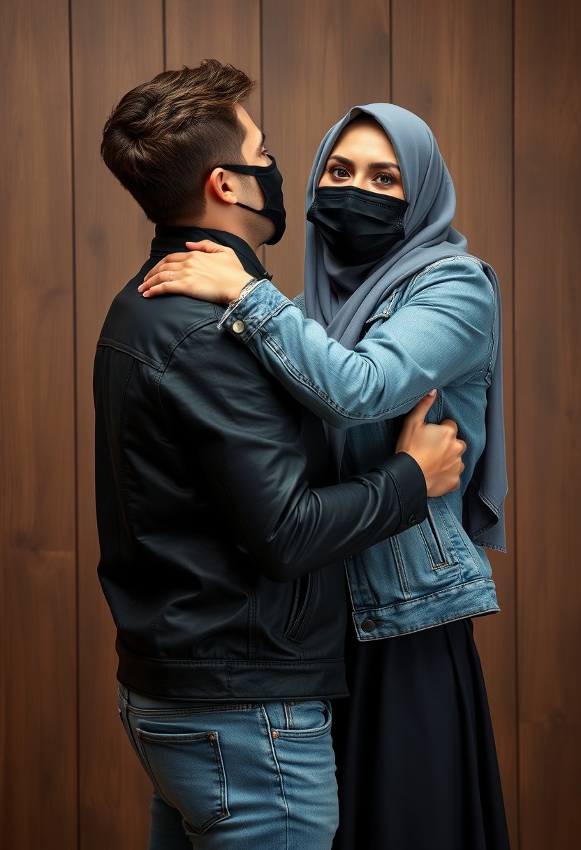 Jamie Dornan's head and body shot, handsome, black face mask, denim jacket, jeans, dating, love couple, hug, with the biggest grey hijab Muslim girl, beautiful eyes, black face mask, black leather jacket, biggest skirt, hyper-realistic, studio photography, wooden wall. - Image